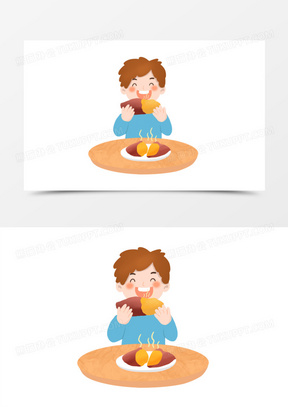 手绘卡通男孩开心的吃番薯元素