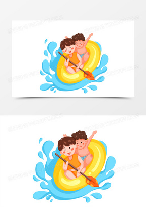 卡通手绘开心玩水上漂流场景素材