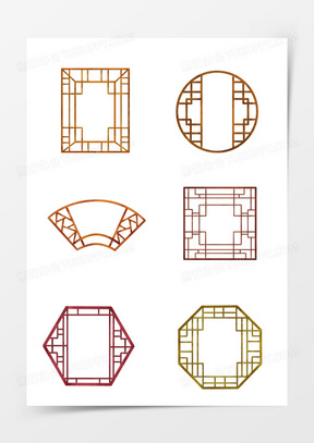 一组插画风古代古风中式窗户边框套图元素