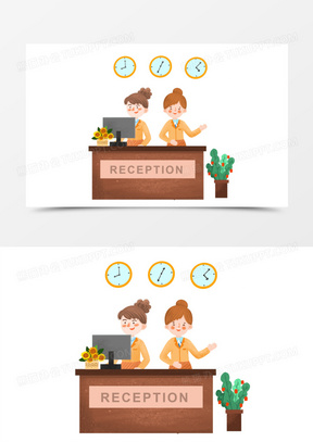 手绘卡通酒店前台插画免抠元素