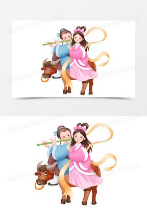 手绘可爱牛郎织女骑牛吹笛相聚场景素材