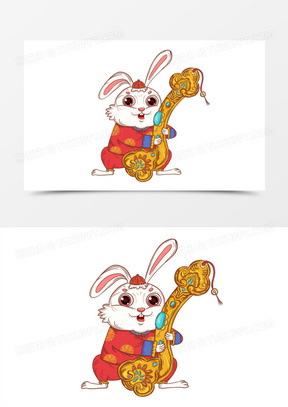 手绘中国风国潮兔子手拿玉如意免抠素材