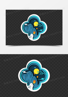 手绘矢量剪纸风兔子放孔明灯剪纸元素