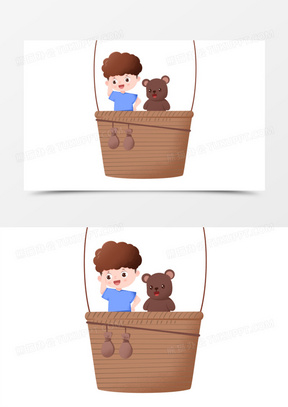 卡通小男孩与小熊坐热气球高空观光免抠素材