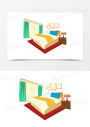 卡通矢量卧室双人床场景素材