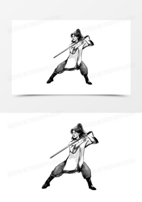 手绘女侠舞剑插画元素