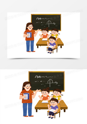 手绘老师上课提问小朋友举手回答元素