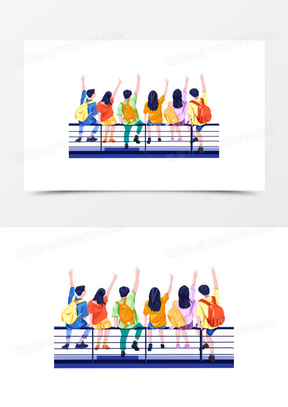 卡通青春活力青年毕业比耶背影元素素材