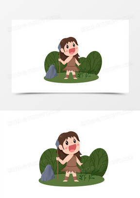 卡通手绘原始人拿着武器小场景免抠元素