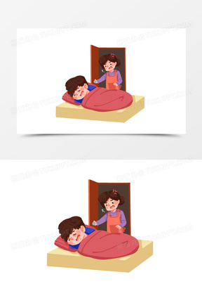 手绘妈妈喊睡懒觉的孩子起床插画元素