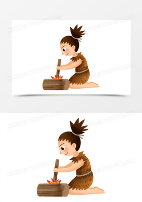 手绘卡通原始人生火场景元素