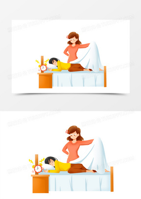 手绘卡通妈妈叫赖床的女儿起床素材