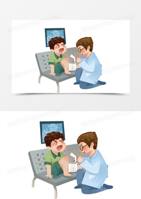 手绘卡通医生给骨折小孩绑石膏场景元素