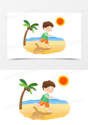 手绘卡通男孩光脚在海边奔跑的插画免抠元素