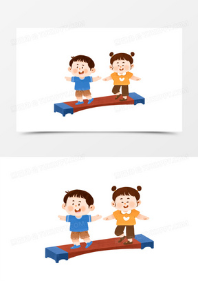 手绘卡通幼儿园小朋友走平衡木元素