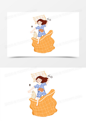 手绘插画风卡通女孩赖床睡觉免抠元素