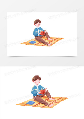 手绘卡通户外光脚看书的男孩
