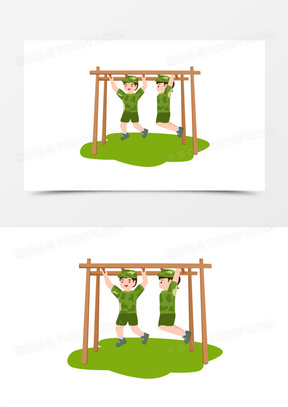 卡通矢量学生军事夏令营训练活动场景之臂力训练素材