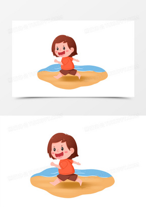 卡通小男孩光脚在沙滩上奔跑免抠元素