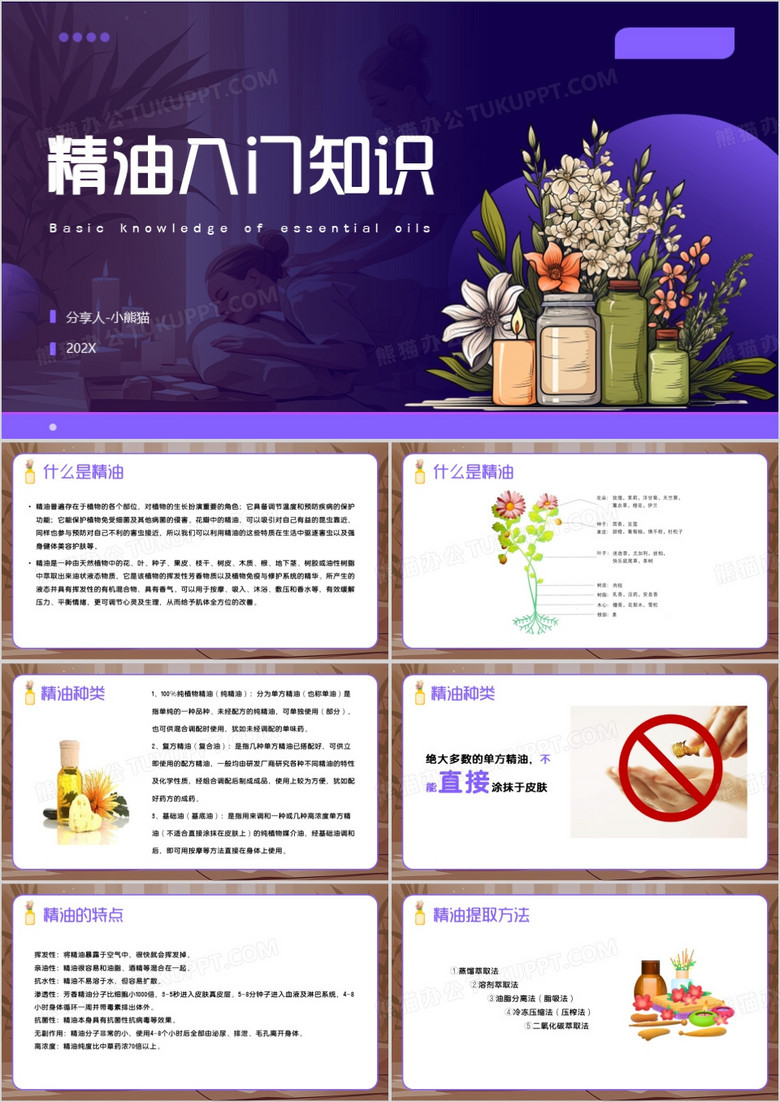 紫色卡通风精油入门知识PPT模板
