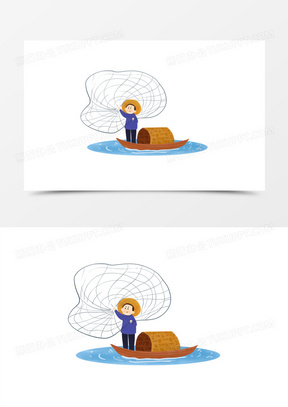 卡通渔民在船上撒网免抠素材