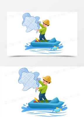 卡通手绘渔民撒网捕鱼素材