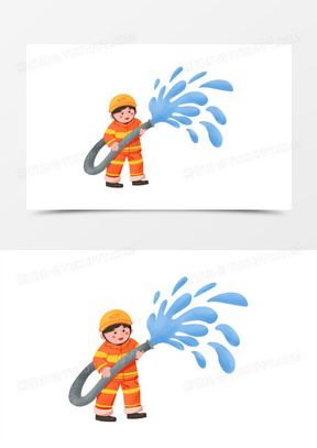 手绘卡通消防员拿水管免抠元素