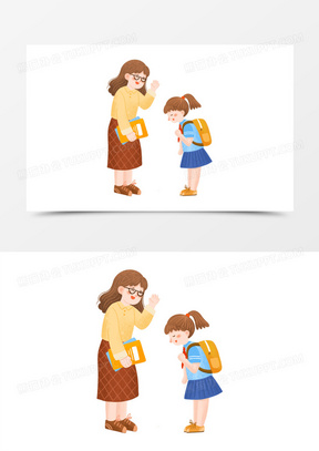 手绘卡通学生给老师鞠躬打招呼插画免抠元素