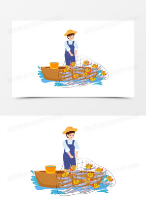 卡通矢量打渔撒网的渔夫素材