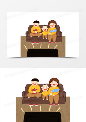 卡通手绘一家人坐在一起看电视元素