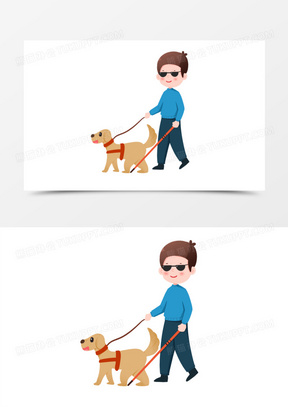 卡通手绘盲人男孩牵着导盲犬免抠元素