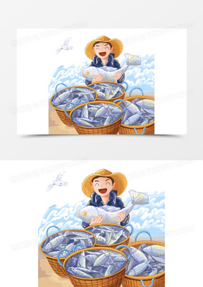手绘捕鱼收获欢乐的渔夫素材