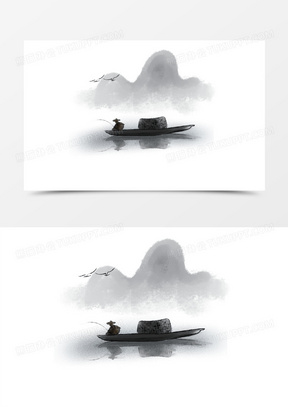 手绘中国风水墨画渔翁在湖面上钓鱼元素