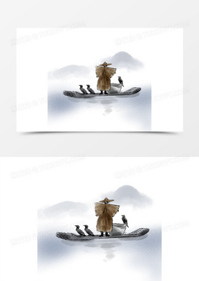 手绘中国风水墨渔民划着竹筏带鸬鹚捕鱼元素