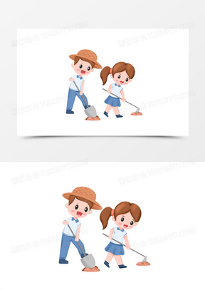 手绘社会实践学生努力干活挖地场景元素