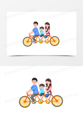 手绘插画风一家四口骑车游玩其乐融融元素