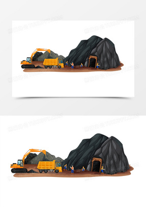 手绘卡通多人挖煤场景素材