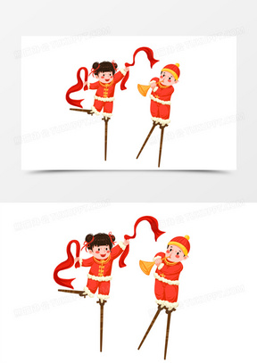 卡通手绘男孩女孩踩高跷场景素材