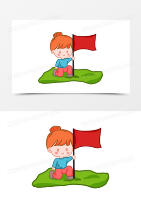 手绘卡通插旗子女孩素材