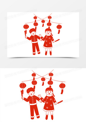 手绘线描剪纸风男孩女孩赏花灯免抠元素
