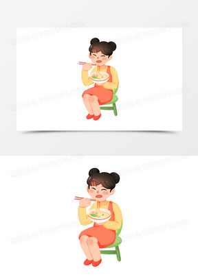 手绘卡通小孩子坐着吃面免抠素材