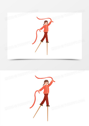 卡通手绘免抠女孩踩高跷素材