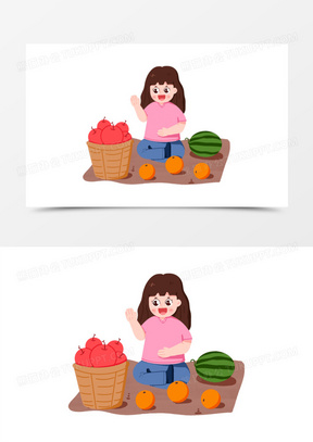 手绘地摊经济女孩摆摊卖水果免抠元素