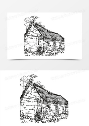 手绘线稿茅草屋素材