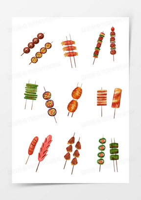 一组手绘水彩风各类烤串免抠元素
