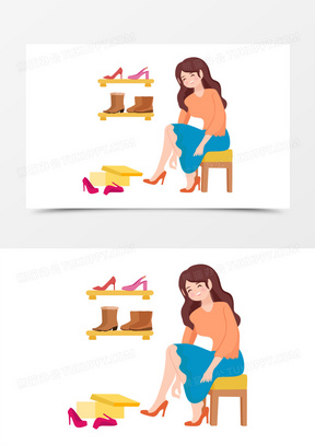 卡通矢量商店试穿鞋子的素材