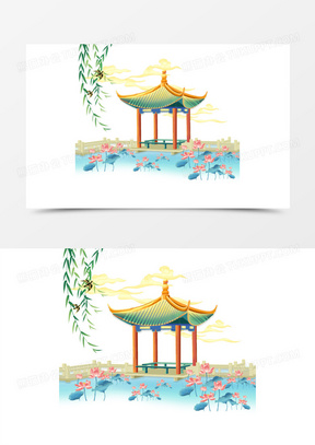 手绘插画国潮风古风建筑凉亭湖边素材