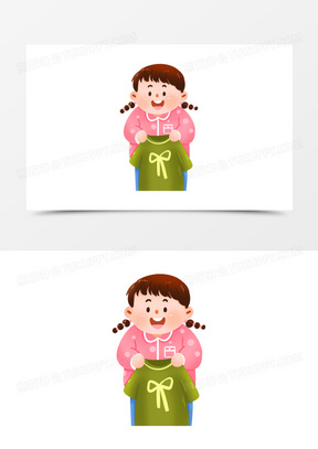 手绘卡通小女孩自己穿衣服免抠元素