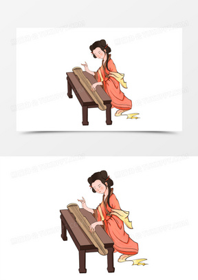 卡通古代弹古筝的女子元素