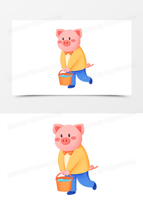 手绘卡通提水桶的小动物小猪免抠素材